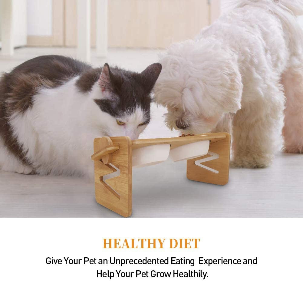 Pet Dog Bowls Elevated Heights Adjustable Bamboo Food and Water Dishes Wooden Stand Puppy Pet Cat Neck Care Raise Stand Bowl