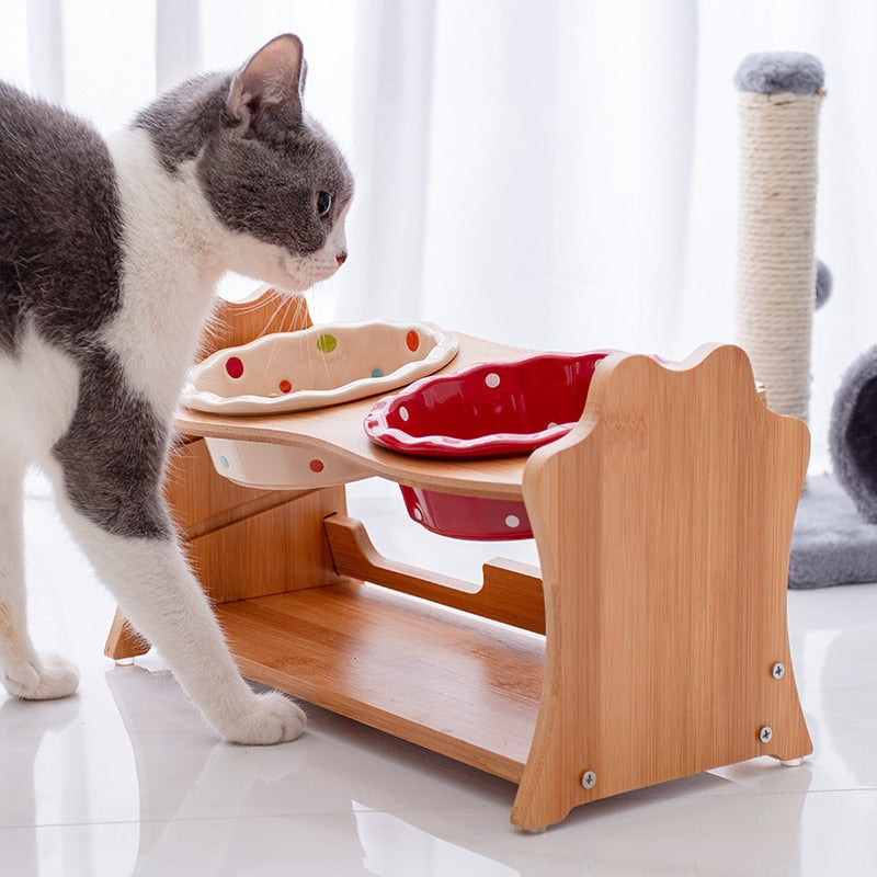 Cute Ceramic Elevated Raised Cat Bowl with Wood Stand No Spill Pet Food Water Feeder Cats Small Dogs Best Selling Pet Supplies