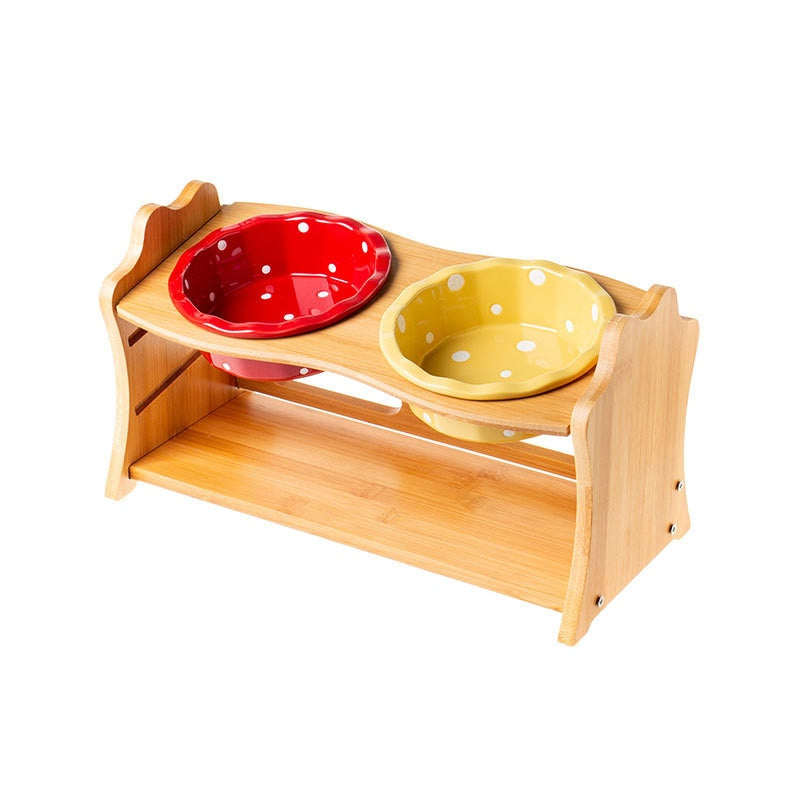 Cute Ceramic Elevated Raised Cat Bowl with Wood Stand No Spill Pet Food Water Feeder Cats Small Dogs Best Selling Pet Supplies