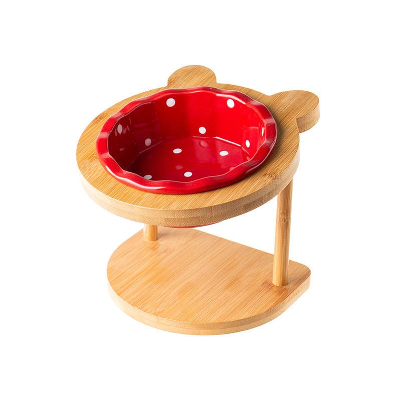 Cute Ceramic Elevated Raised Cat Bowl with Wood Stand No Spill Pet Food Water Feeder Cats Small Dogs Best Selling Pet Supplies