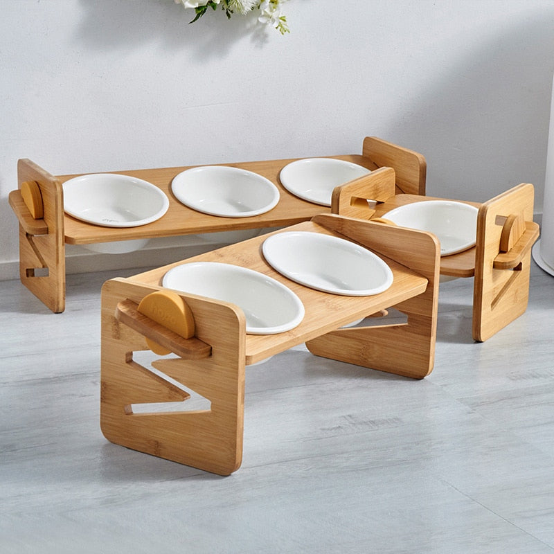 Pet Dog Bowls Elevated Heights Adjustable Bamboo Food and Water Dishes Wooden Stand Puppy Pet Cat Neck Care Raise Stand Bowl