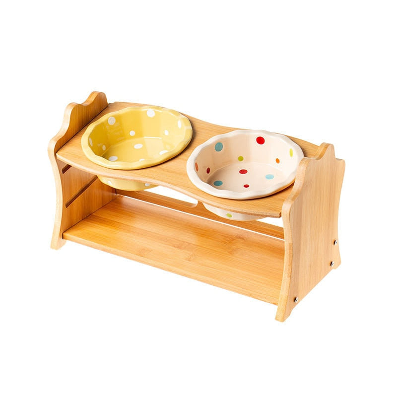 Cute Ceramic Elevated Raised Cat Bowl with Wood Stand No Spill Pet Food Water Feeder Cats Small Dogs Best Selling Pet Supplies