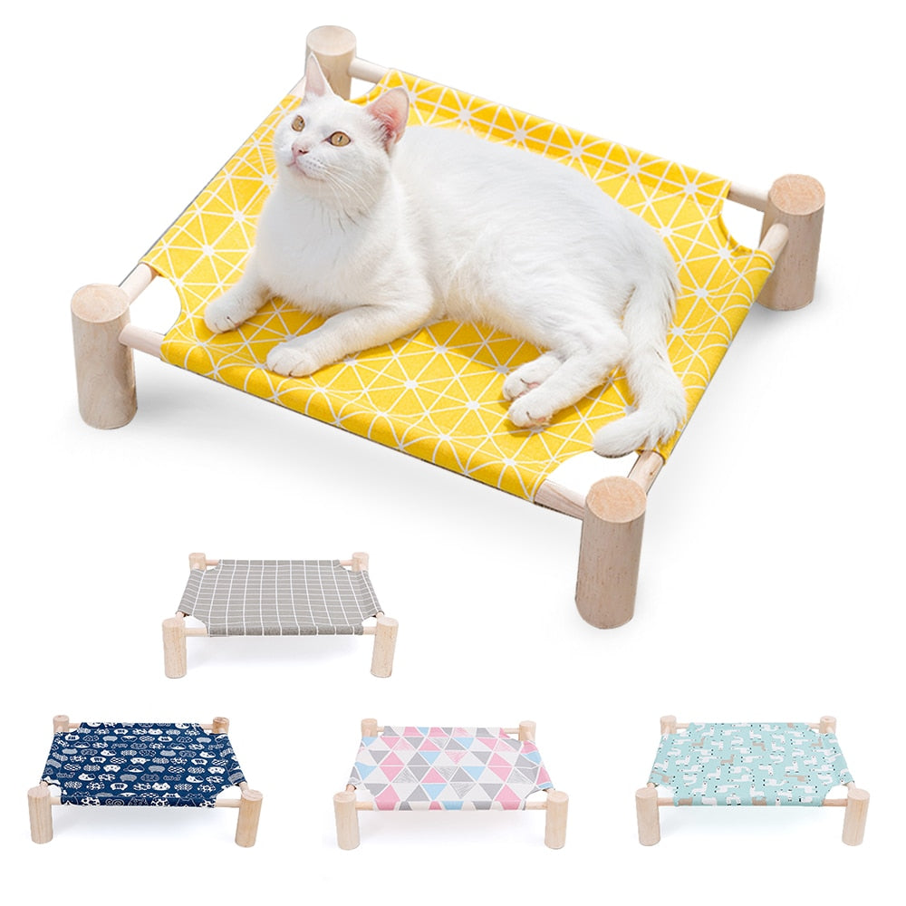 Elevated Cat Bed House Cat Hammocks Bed Wood Canvas Cat Lounge Bed for Small Rabbit Cats Dogs Durable Canvas Pet House Supplies