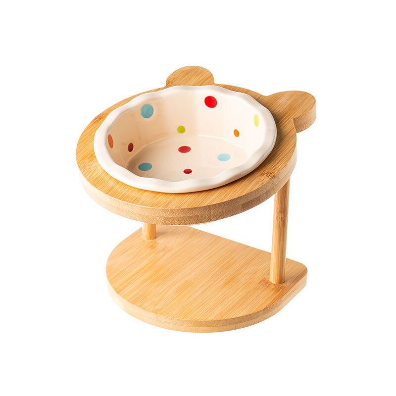 Cute Ceramic Elevated Raised Cat Bowl with Wood Stand No Spill Pet Food Water Feeder Cats Small Dogs Best Selling Pet Supplies