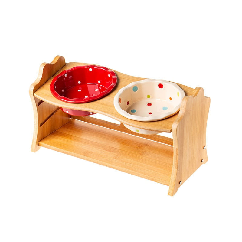 Cute Ceramic Elevated Raised Cat Bowl with Wood Stand No Spill Pet Food Water Feeder Cats Small Dogs Best Selling Pet Supplies