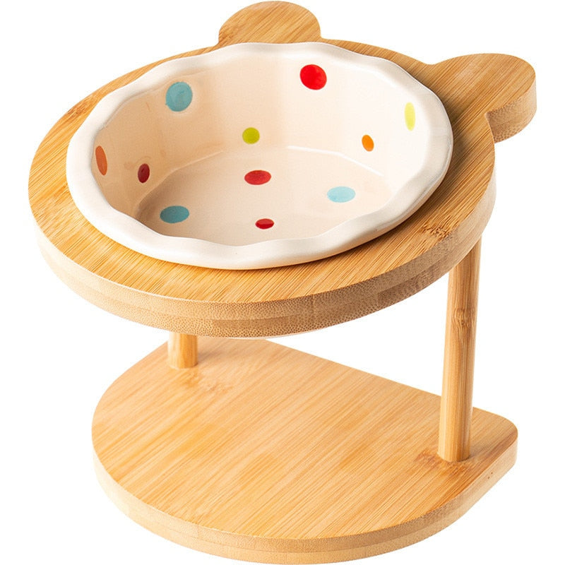 Cute Ceramic Elevated Raised Cat Bowl with Wood Stand No Spill Pet Food Water Feeder Cats Small Dogs Best Selling Pet Supplies
