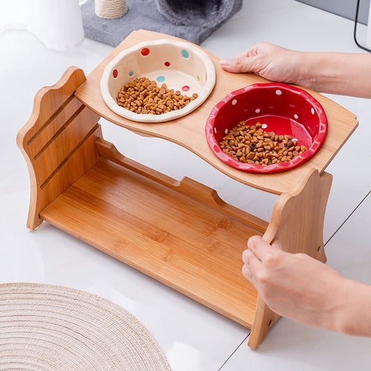 Cute Ceramic Elevated Raised Cat Bowl with Wood Stand No Spill Pet Food Water Feeder Cats Small Dogs Best Selling Pet Supplies