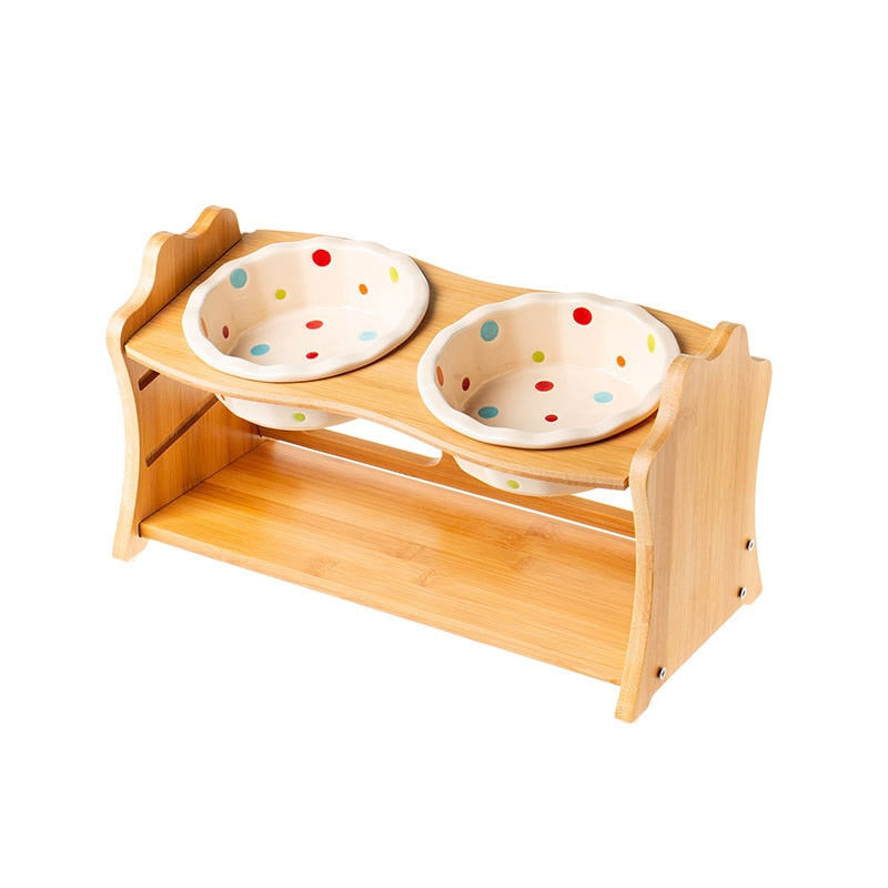 Cute Ceramic Elevated Raised Cat Bowl with Wood Stand No Spill Pet Food Water Feeder Cats Small Dogs Best Selling Pet Supplies