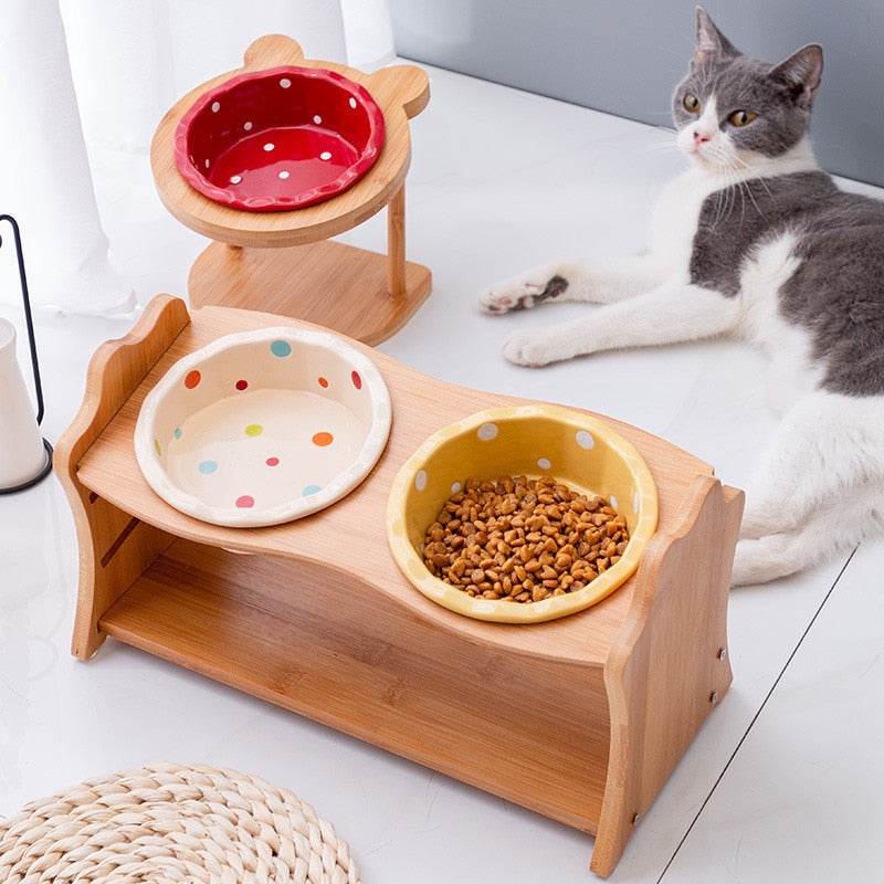Cute Ceramic Elevated Raised Cat Bowl with Wood Stand No Spill Pet Food Water Feeder Cats Small Dogs Best Selling Pet Supplies