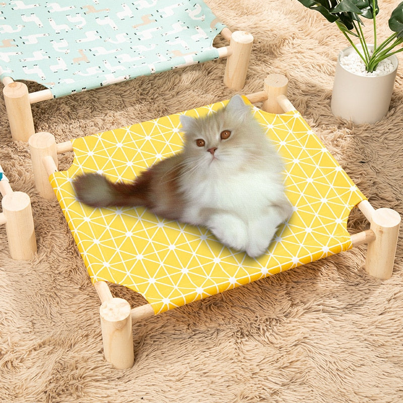 Elevated Cat Bed House Cat Hammocks Bed Wood Canvas Cat Lounge Bed for Small Rabbit Cats Dogs Durable Canvas Pet House Supplies