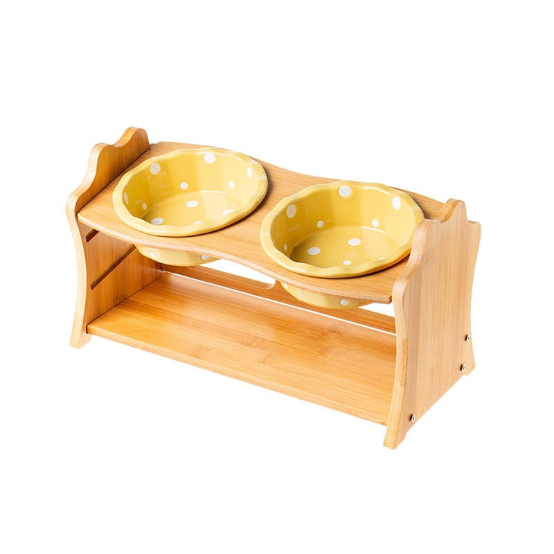 Cute Ceramic Elevated Raised Cat Bowl with Wood Stand No Spill Pet Food Water Feeder Cats Small Dogs Best Selling Pet Supplies